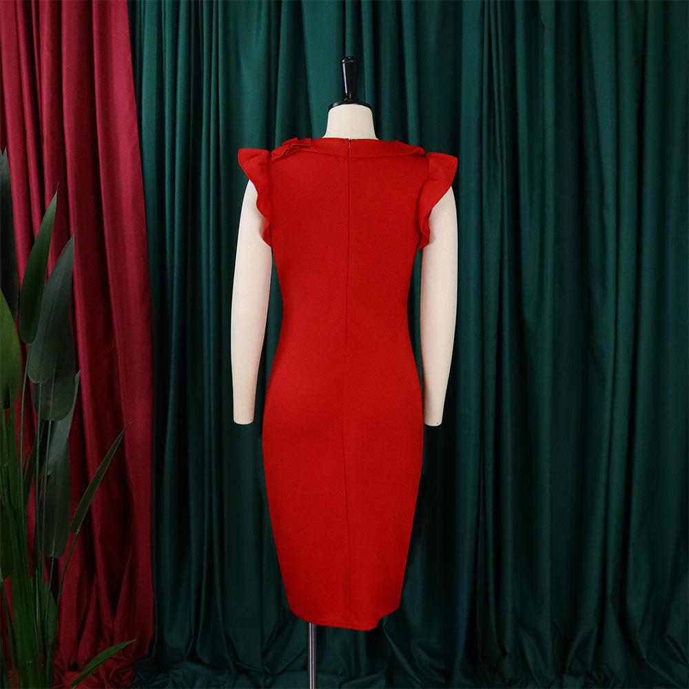 Large Size Women Summer Fashion Solid Ruffled Dress Ladies Elegant One Piece Slit Dress