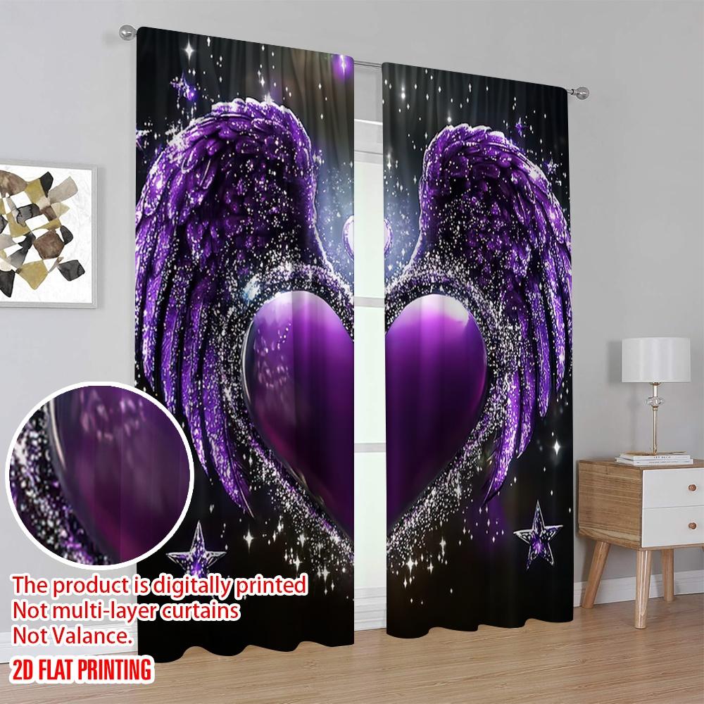 Flat Printing Window Drapes Romantic Heart Shaped Wings Protecting Privacy Summer Party Decorations Suitable Various Curtain Set Of 2 Made Polyester