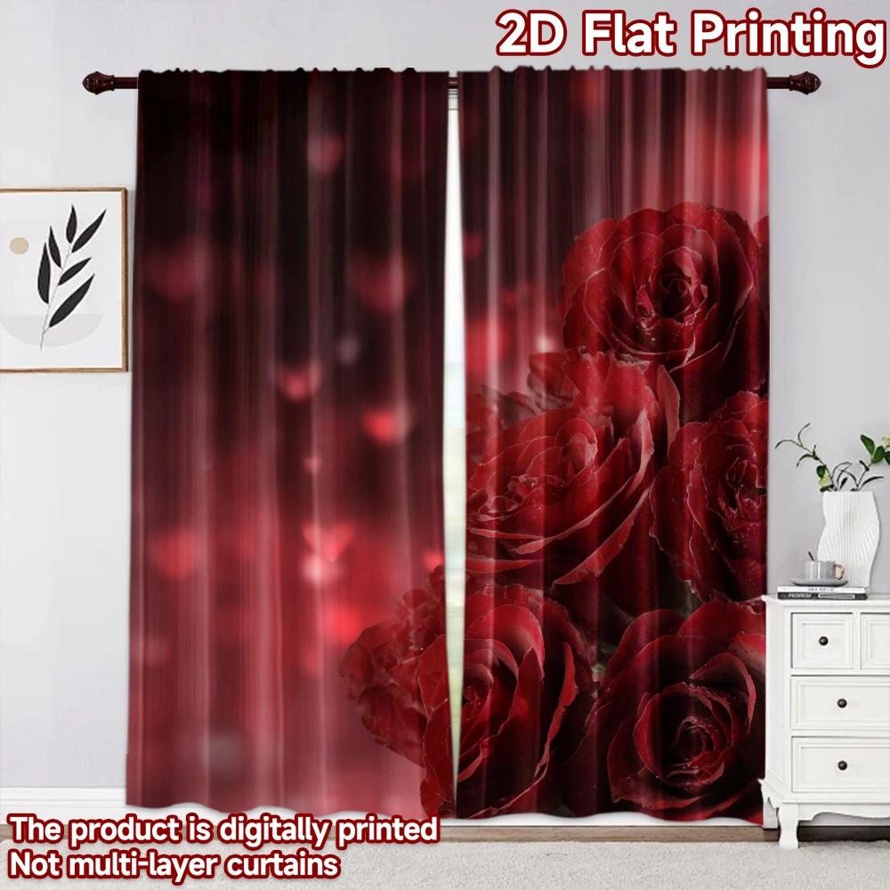 2D Flat Printing 2pcs Curtain Party Curtain Valentine's Red Roses Digital Printed Polyester Drapes All Season Party & Holiday