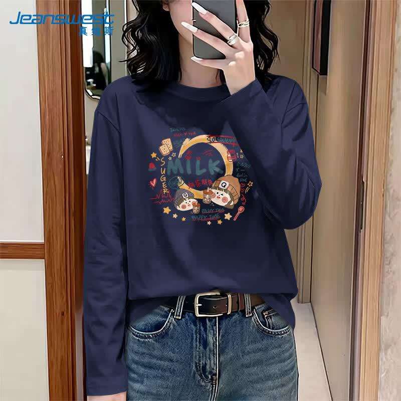 Jeanswest Women's "Romance of Milk Tea" Print Long Sleeve Pure Cotton T-Shirt