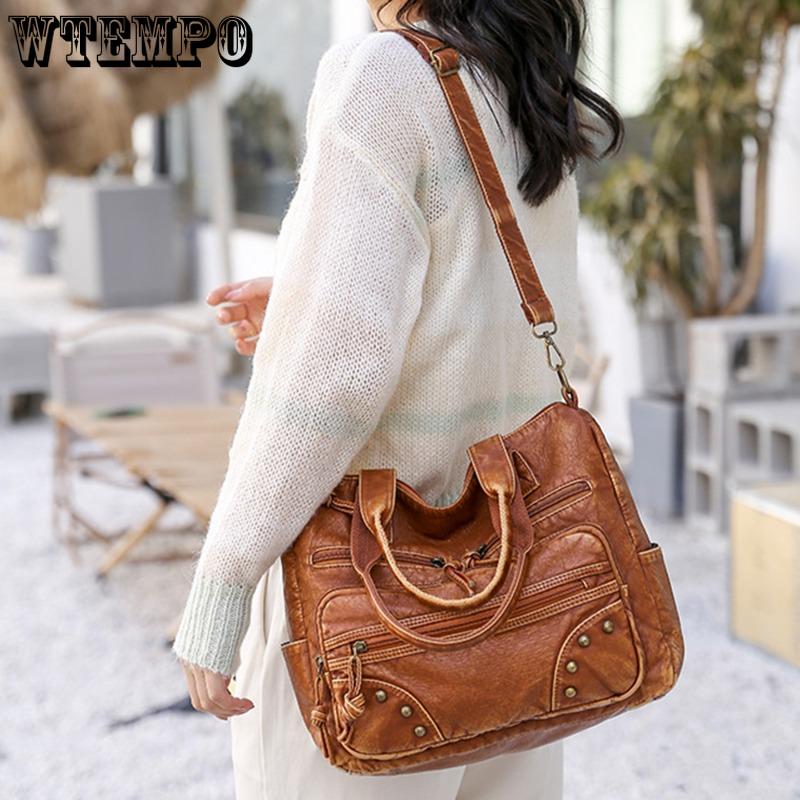 WTEMPO Retro sepraná kožená kabelka Módní Velkokapacitní vícekapsová Tote Bag Women