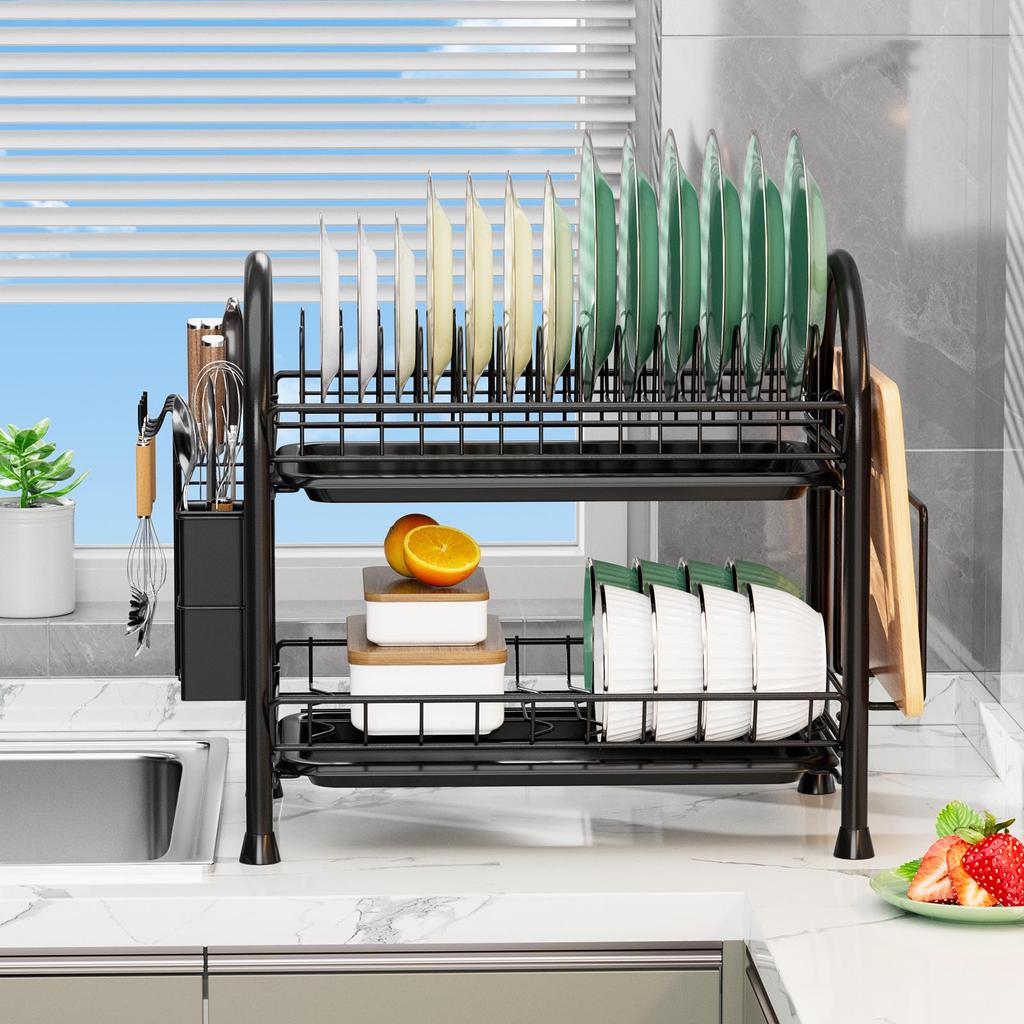 Kitchen Countertop Dish Drying and Storage Rack with Basket for Plates and Utensils