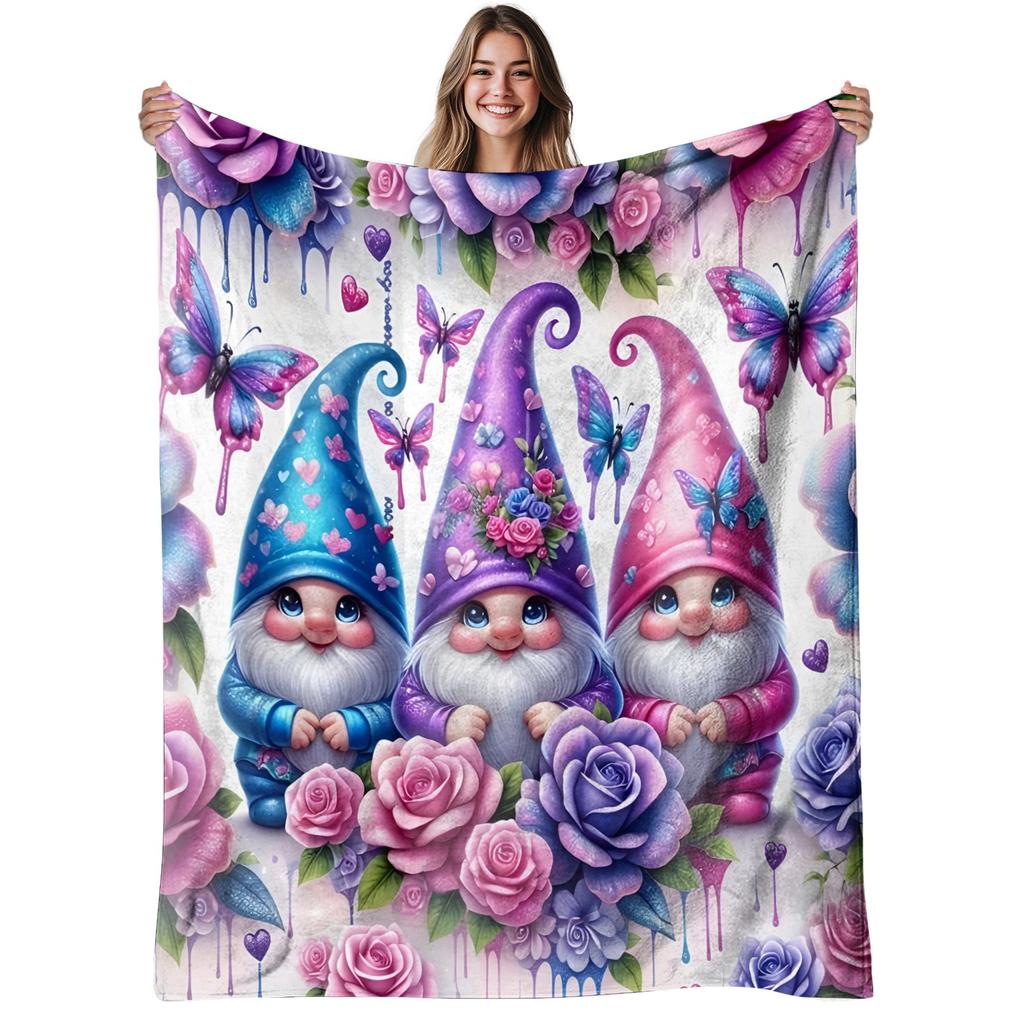 Colorful Gnome Butterfly Rose Flannel Throw Blanket Cute Dripping Paint Three Gnomes Romantic Sofa Blanket