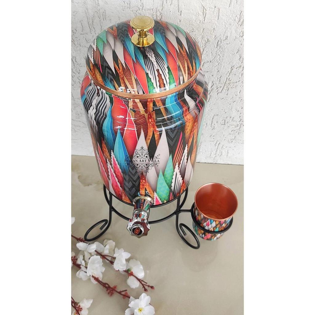 Pure Copper Printed Design Water Pot Heavy Gauge with Brass Tap & Copper Glass & Stand, Storage & Serving Water, Volume- 5 Liters