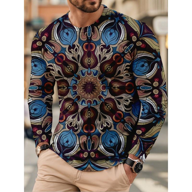 3D Print Colorful Luxurious T Shirt For Men Exquisite Pattern Tees Autumn Fashion Casual Long Sleeves O-Neck Tops Loose T-Shirts