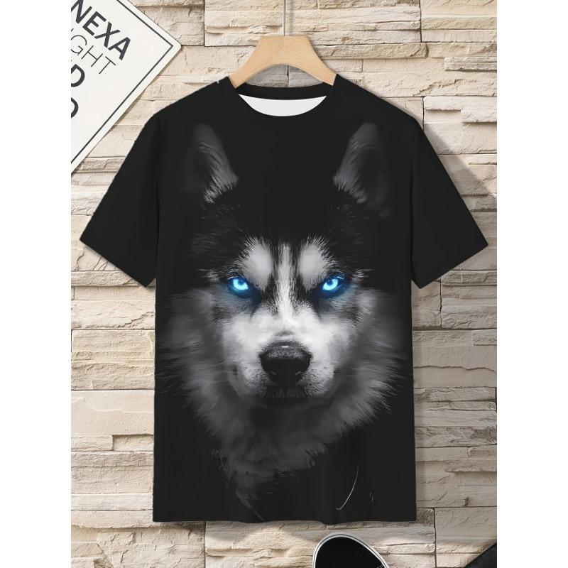 Men's Husky Wolf 3D Printed T-Shirt Casual Short Sleeve Crewneck Top Cool Glowing Blue Eyes Animal Head Graphic Tee Trendy Summer Streetwear Clothes