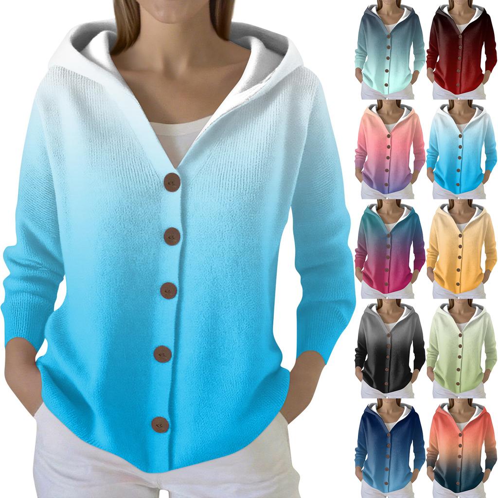 Women's Fashion Casual Sweater Button-Up Print Cardigan Hooded Jacket