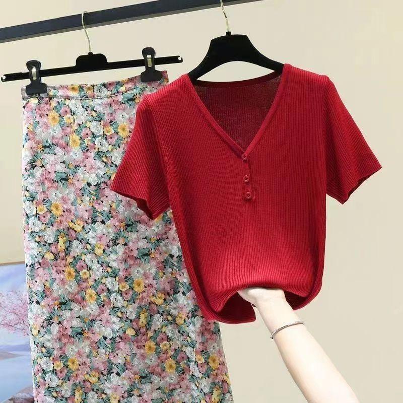 Women Ice Silk Short Sleeve Knitted V Neck T Shirt Versatile Pullover Simple Top