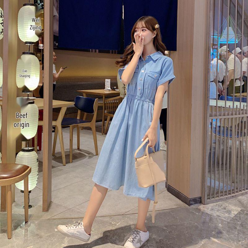 2026 Women's Summer Elegant Waist-Cinched Denim-Look Shirt Dress, Korean Style Mid-Length Skirt