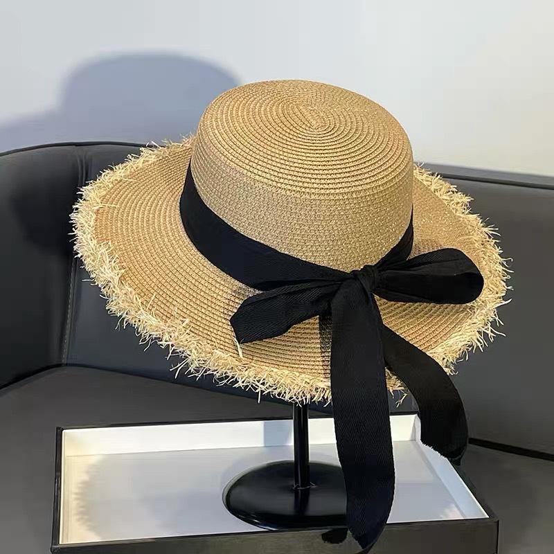 New French Flat-top Straw Hat Women's Big Head Circumference Seaside Beach Top Hat Woven Sun Hat Summer