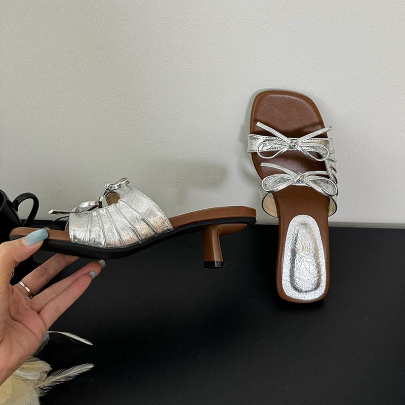 Fashion Elegant Women Medium Heels Pumps Shoes Female Butterfly-Knot Footwear Fashion Square Toe Ladies Thin Heels Shoes Sandals Slides