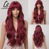 CharmSource Lange natürliche gewellte Perücke mit ordentlichem Pony/Fransen für Frauen, rosa Haar, synthetische Perücken, Cosplay, Party, hitzebeständige Faser