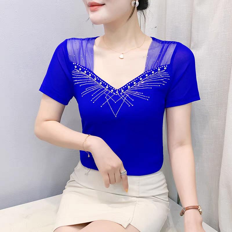 New European Sweet Women's Clothes T-shirt Chic Shiny Hot Diamonds Mesh Tees Sexy Square Neck Short Sleeve Female Summer Tops