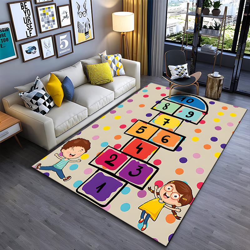 Colorful hopscotch rug with playful kids design. Non-slip rug suitable for living room and bedroom sofas.