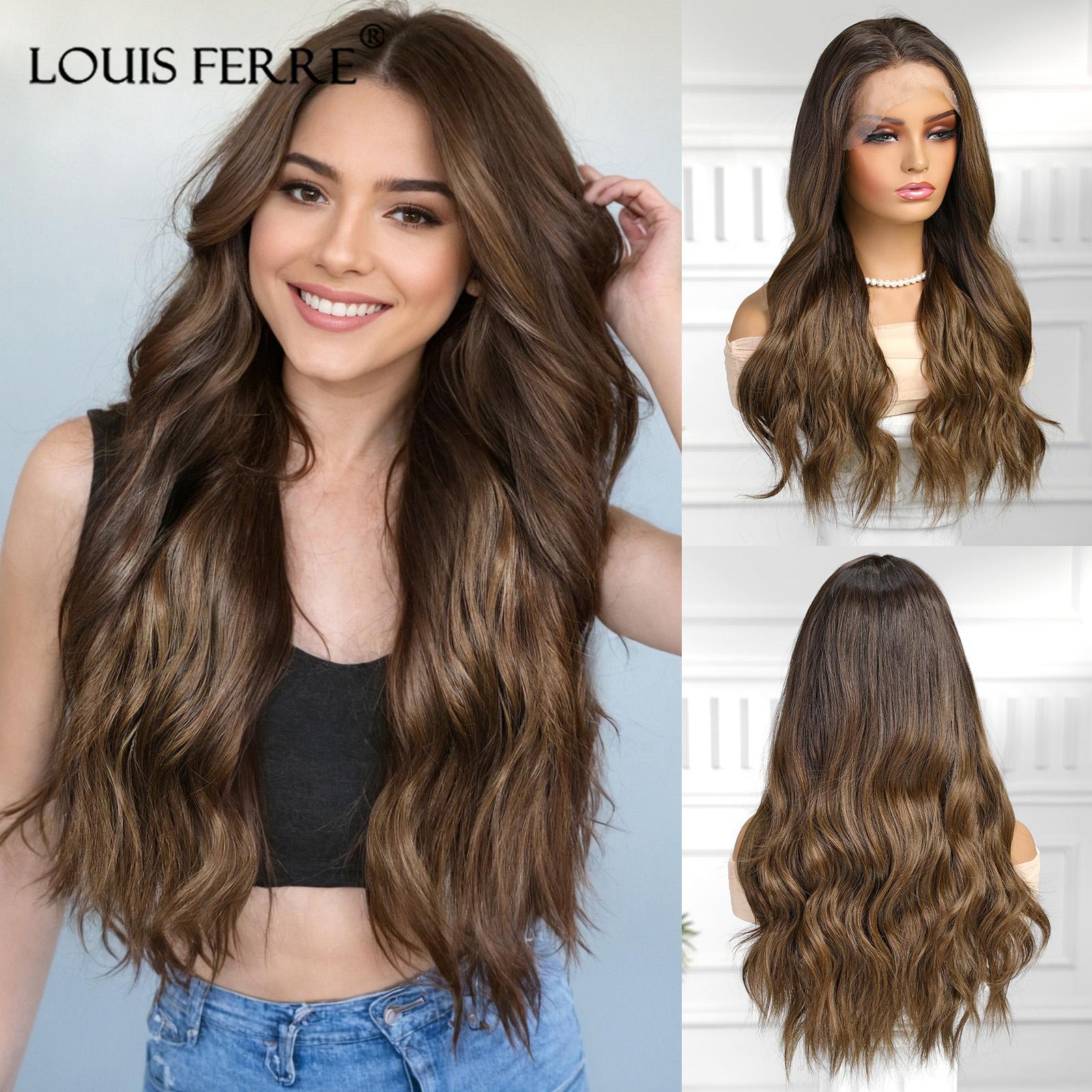 

LOUIS FERRE 13x6 кружевные парики коричневые синтетические длинные волнистые вьющиеся парики для женщин косплей парик из волос высокой плотности