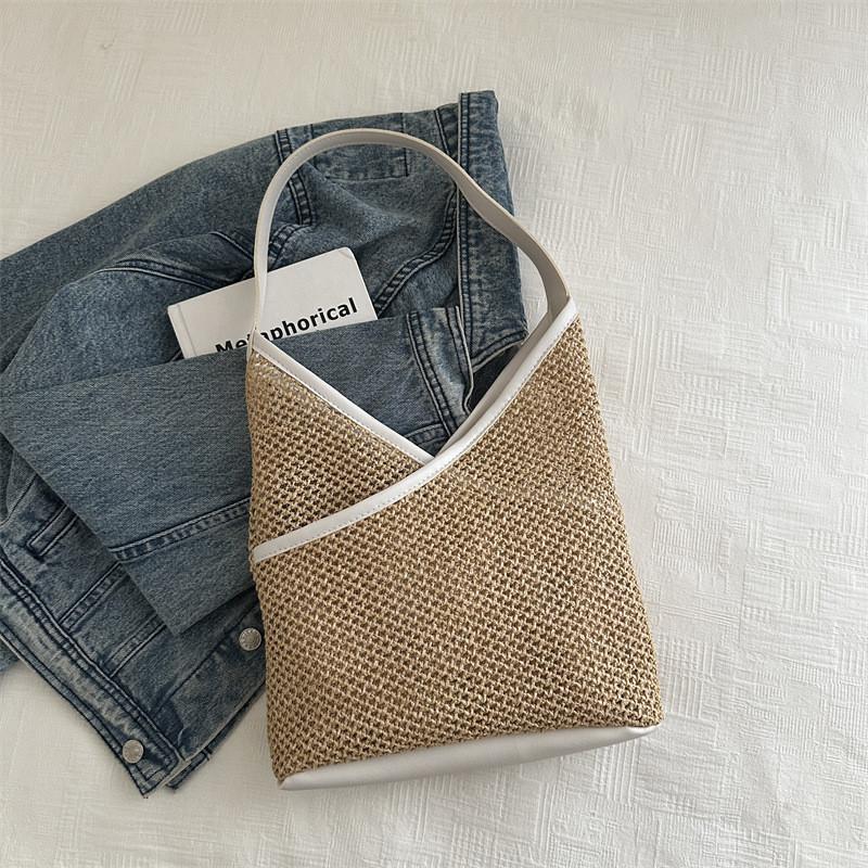 Vintage Woven Tote Bag Stylish Large Capacity Shoulder Bag For Women In Black White Brown And Khaki