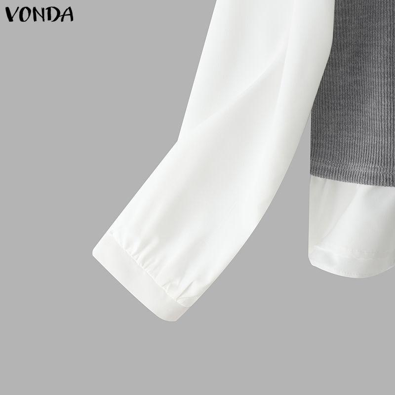 VONDA Women Casual Lace Collar Long Sleeve Fake Two-piece Patchwork Loose Blouse Shirts