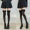 Damen Lolita Netzstrümpfe im japanischen Stil mit Herz- und Streifenmuster, Spitze, gemustert, über dem Knie, lange Strümpfe mit Rüschen und Rüschen, Kawaii