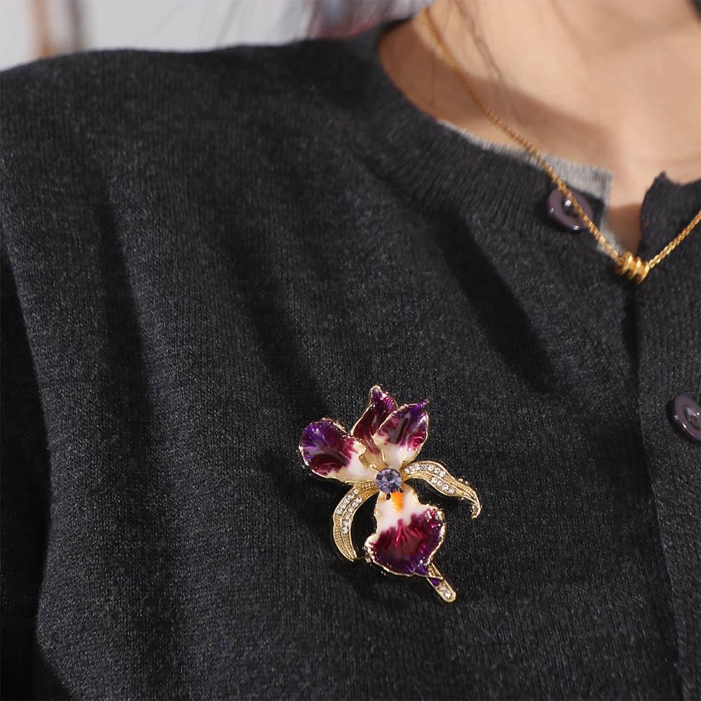 Jewelry Enamel Lapel Pin Sparkling Plants Badge Luxury Iris Flower Brooch  Suit
