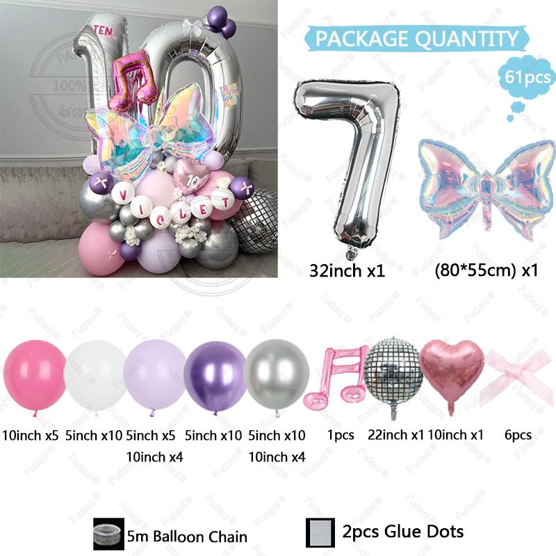 62pcs Colorful Bow Disco Balloon Silver Number Birthday Balloon Set Pink Music Note Children Adult Festive Party Decoration