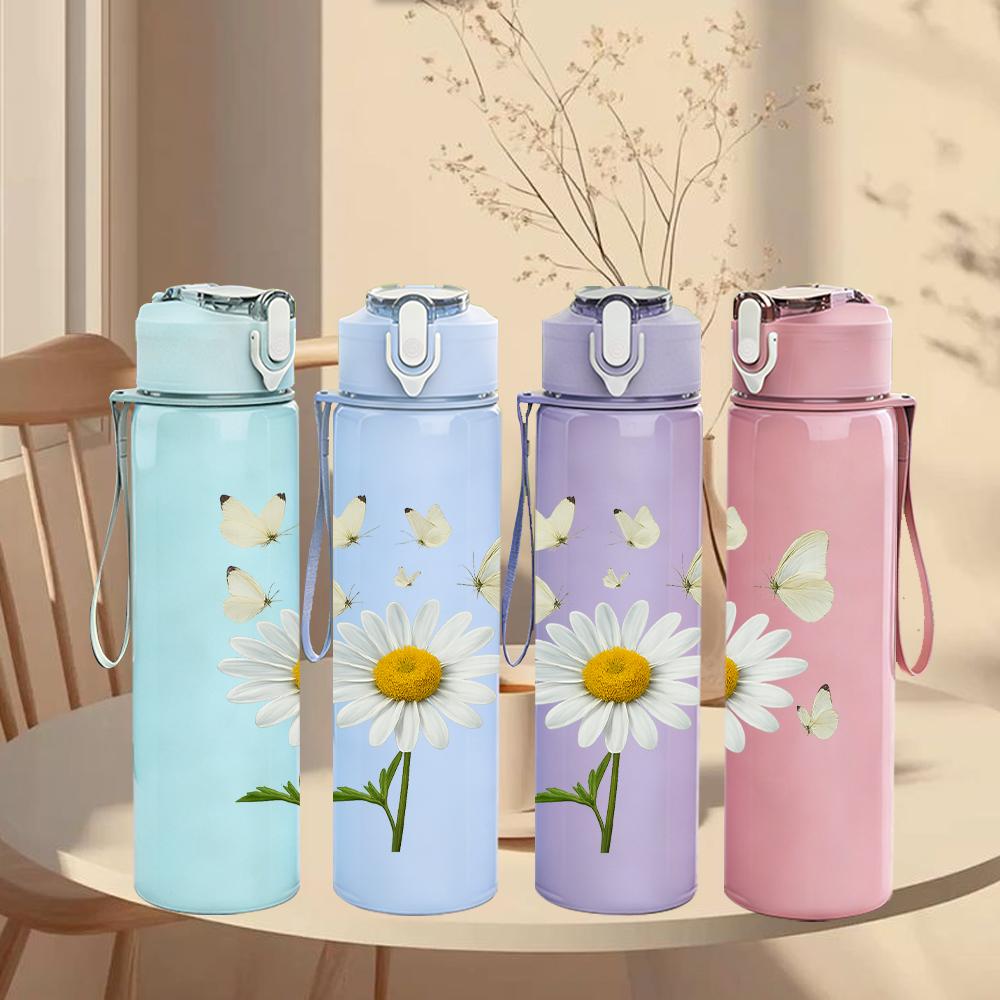 1PC White Daisy Butterfly Branch 750ml Color Plastic Sports Water Bottle Leakproof Flip Straw Lid For Sports Office Home Use