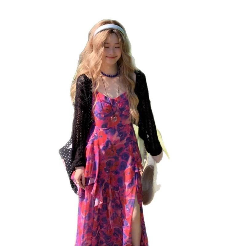 Damen Blumen Taille, Rüschenkante Schlitz Slim-fit Neckholder Kleid Sommer Schlankheitskleid