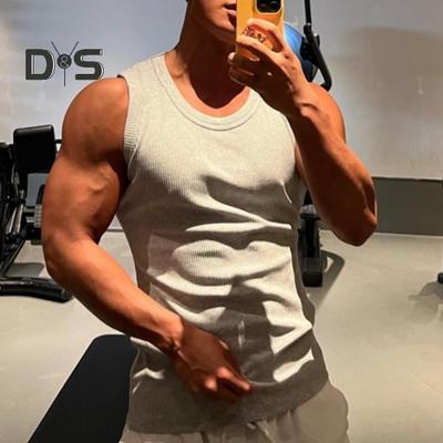 Colete masculino com nervuras, gola redonda, ajuste justo, cor sólida, regata, colete respirável, esportivo, fitness, streetwear