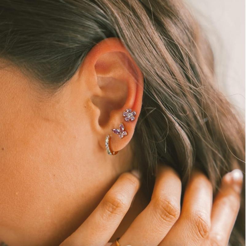 6PCS Stainless Steel Zircon Flower Pendant Hoop Earrings Set for Women Simple Butterfly Cartilage Earring Piercing Jewelry