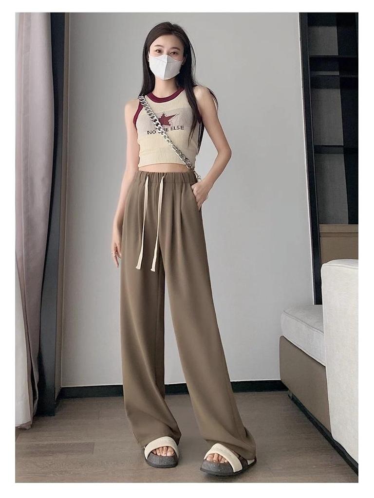Plus Size Coffee Ice Silk Suit Pants - Women's Summer Elastic Waist Chiffon Wide Leg Petite Pants