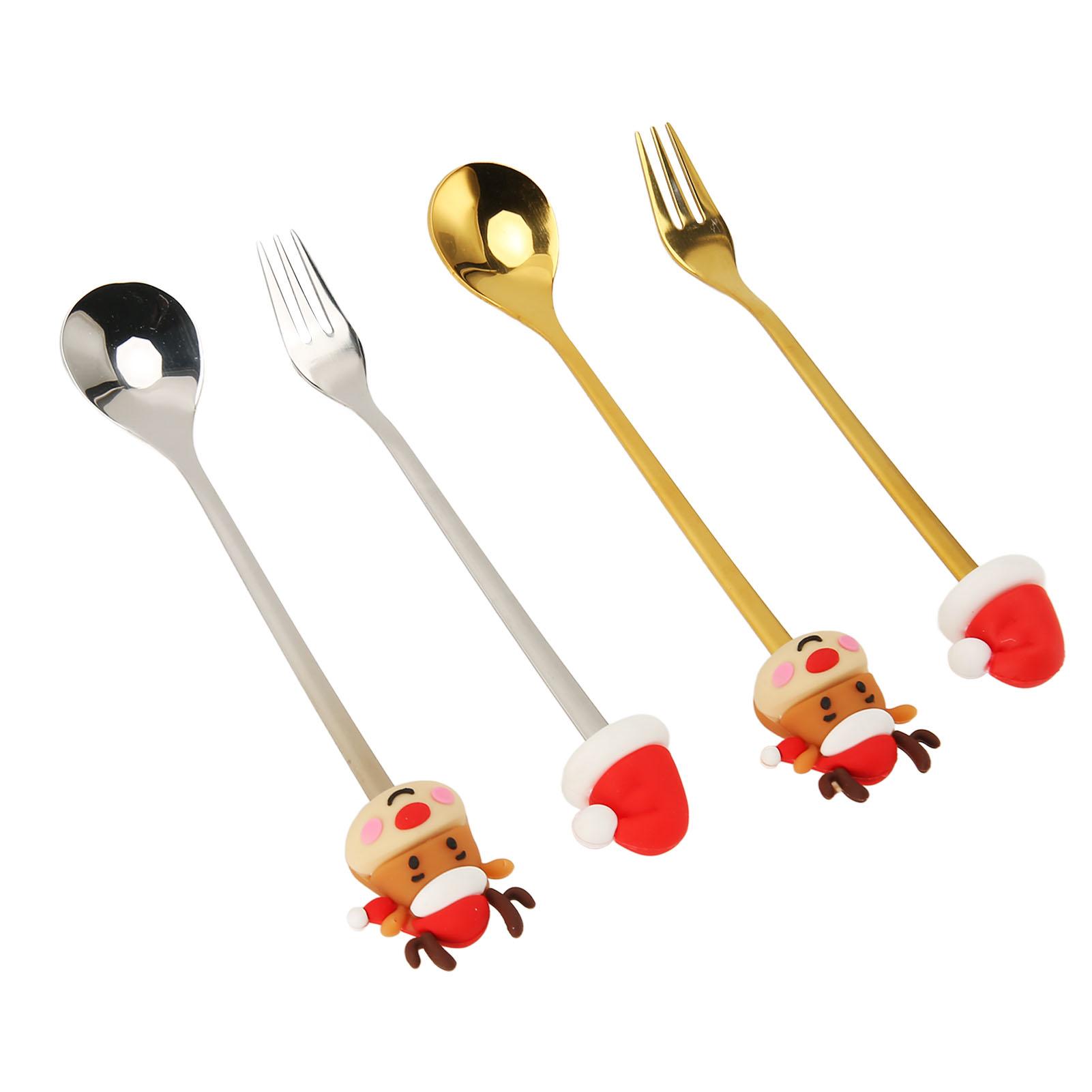 4Pcs Christmas Spoons and Forks Set Stainless Steel Cartoon Funny Mini Tableware Flatware Christmas Cutlery Set for