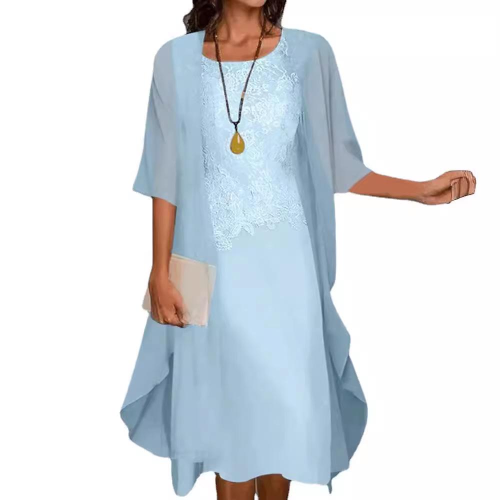 Set Rochie Două Piese din Șifon Monocrom cu Garnitură din Dantelă În Stoc