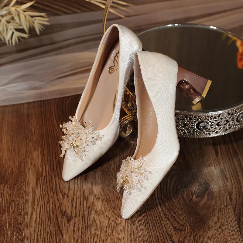Low Top Single Shoes Fashion Pointed Toe Shallow Slip Rhinestone Flower Slip-on Non-Slip Heels