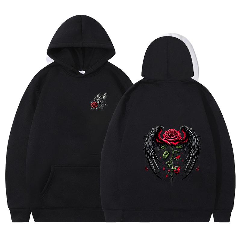 Rose wing pattern printed hoodie fashion trend brand autumn and winter loose hoodie Y2K hip-hop street wear men's and women's pu