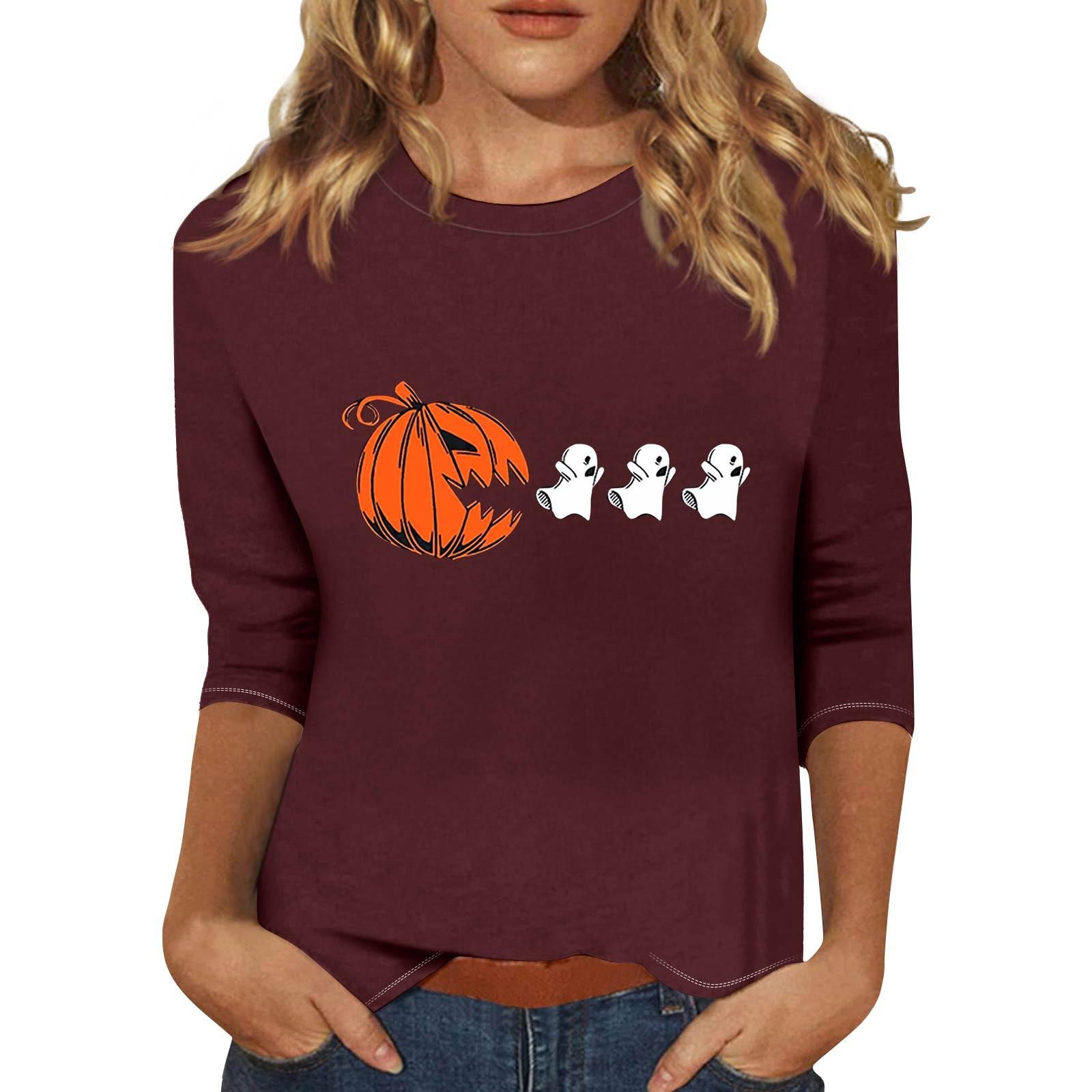 

Women s Fashion Casual Three-Quarter Sleeve Halloween Print Round Neck T-Shirt Top L винний