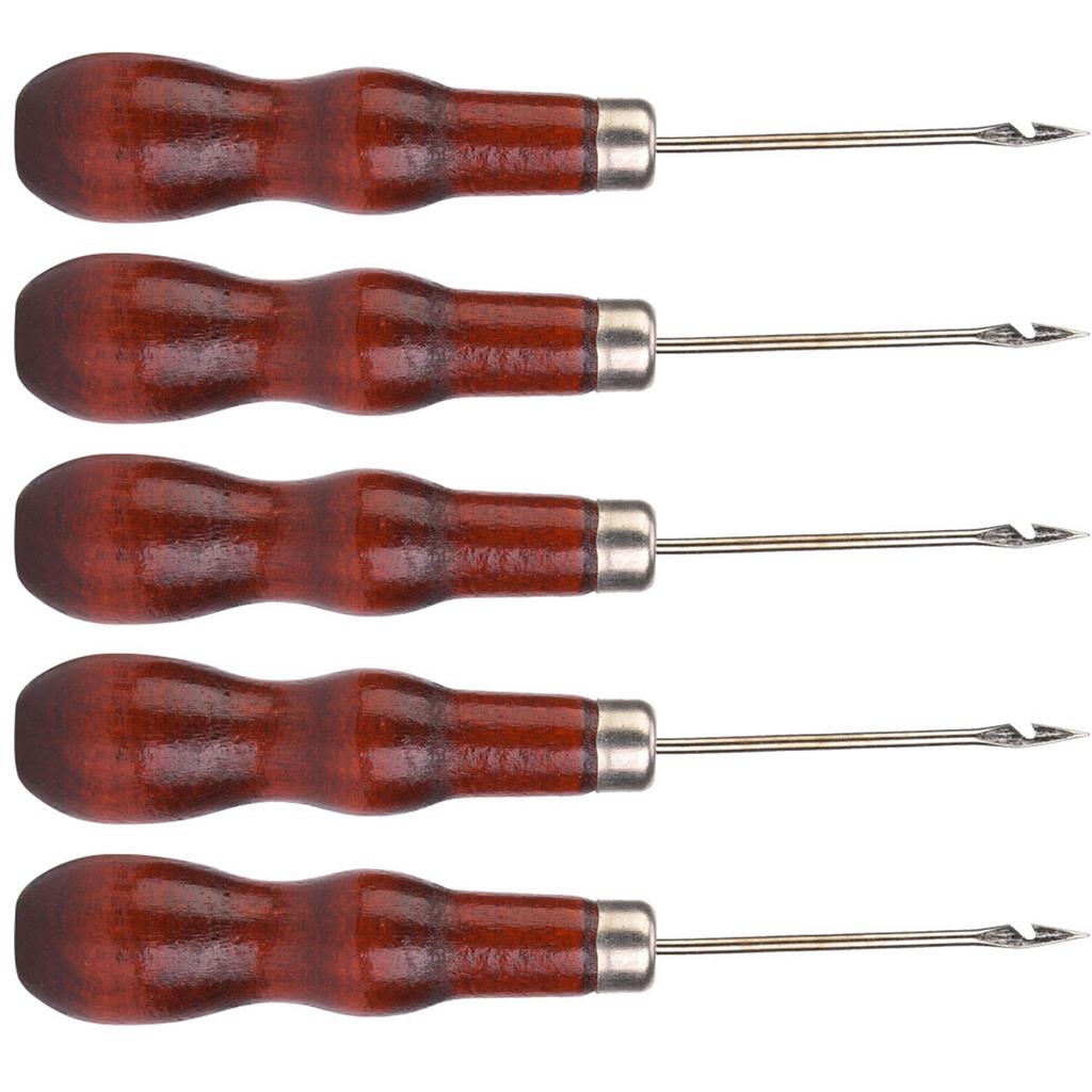 5PCS Wooden Handle Awl Hole Punch Sewing Stitching Awl Tool Shoe Repair Crochet Hook