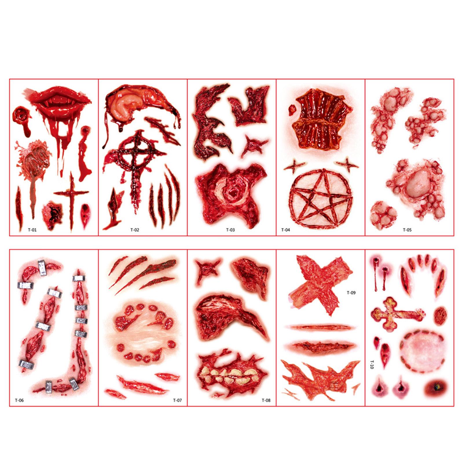 

Halloween Fake Scars Kit 10 Sheets Realistic Bloody Wound Tattoo Stickers for Zombie Costume Makeup and Scary Party Pranks One Size