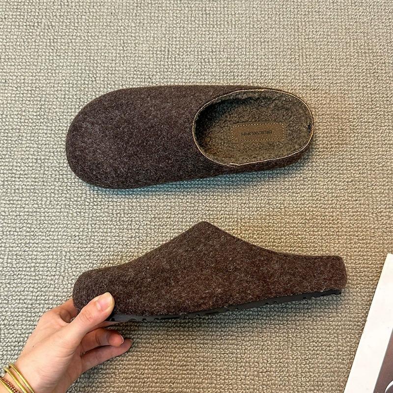 Fleece women wear a bag head and half slippers in autumn and winter, retro versatile matte leather half tray