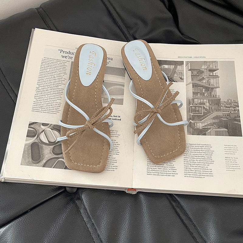 Retro versatile square head bow square heel one-word slippers women's summer fashion strap with skirt slope heel cool slippers