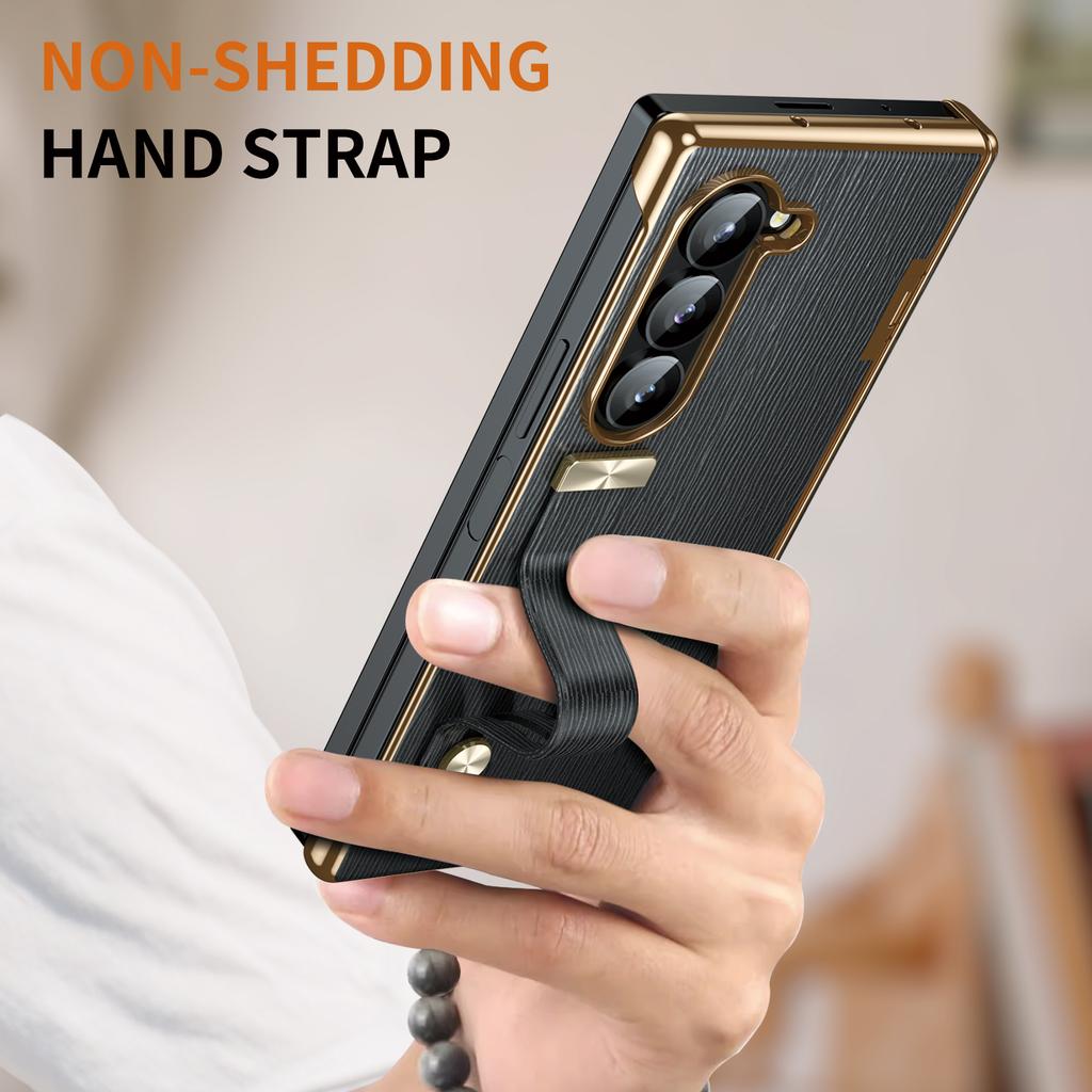For Samsung Galaxy Z Fold6 5G Case Wrist Band Hinge Protection Leather+PC Phone Cover