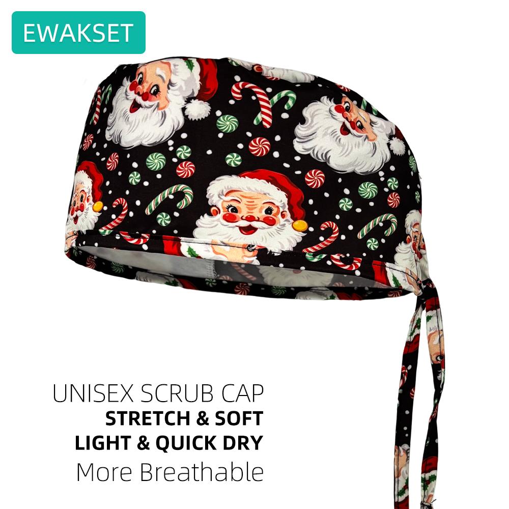Christmas Scrub Cap Fast Dry Micro Elastic Surgical Hat Santa Claus Snowman Reindeer Printed Nurse Doctor Working Cap Gift for Medics