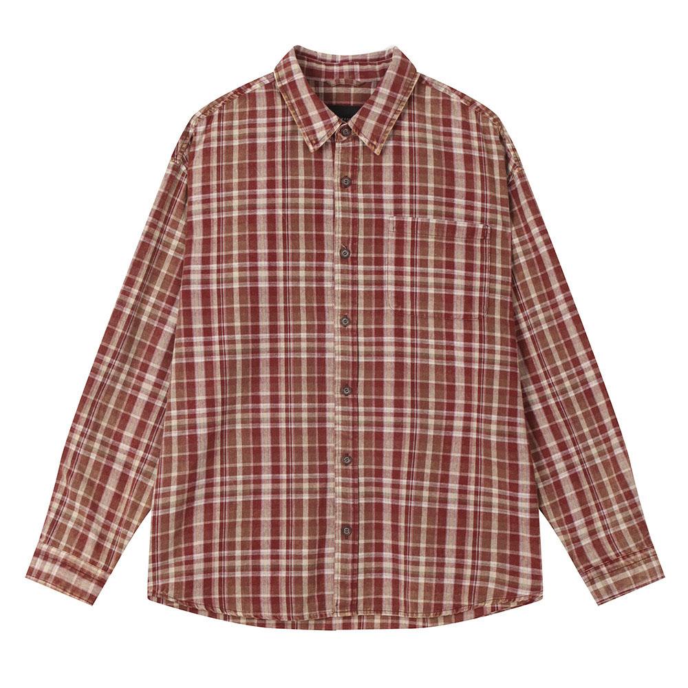 Burkeru Check Wash Long Sleeve Shirt Red Red_L