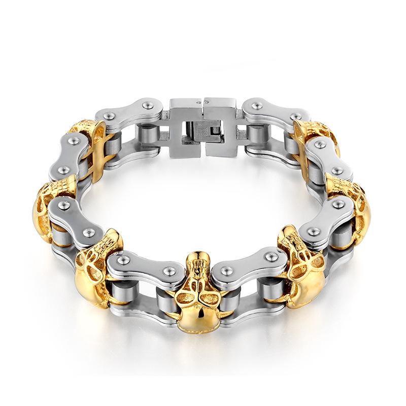 Heavy 316L Stainless Steel Gold Black Color Skull Motorcycle Chain Bracelet Men's Jewelry