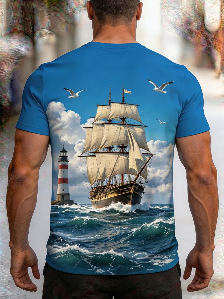 [Printed Design – Not Textured] Vintage Large Sailboat Print Plus Size Men's Short Sleeve T-Shirt, Extra Loose Fit, Crew Neck Casual Summer Men's Top,
