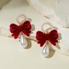 Pearl Wine Red Bow Drop Earrings Bowknot New Year Earrings Exquisite Red Velvet Bow Earrings  Women