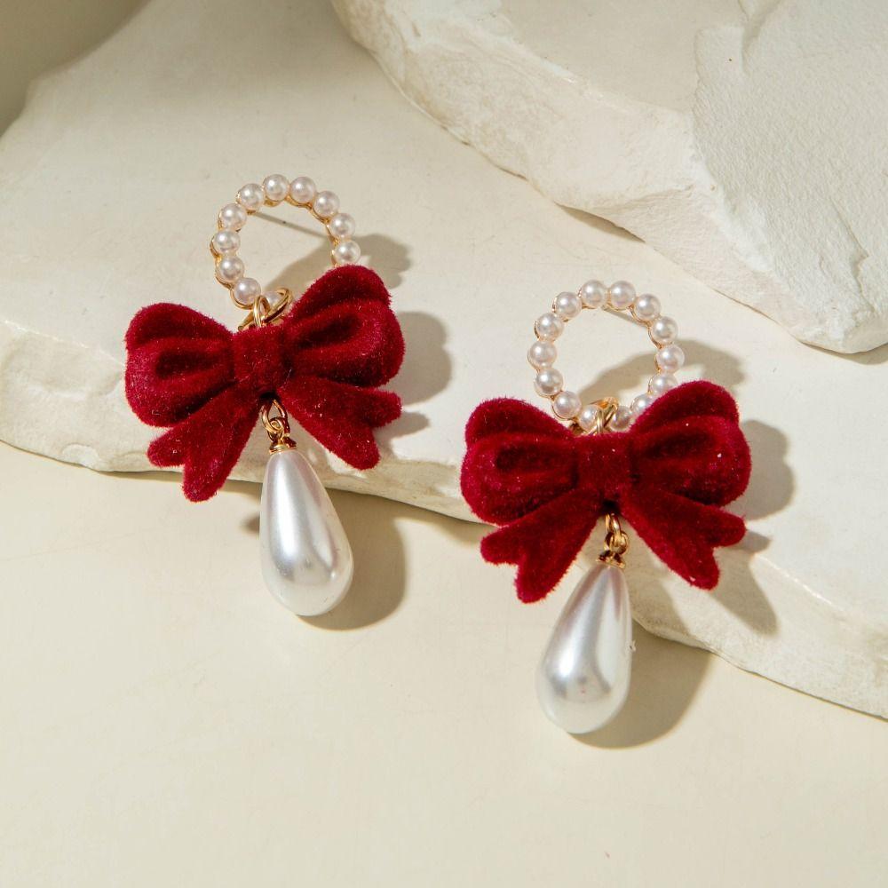 Pearl Wine Red Bow Drop Earrings Bowknot New Year Earrings Exquisite Red Velvet Bow Earrings  Women