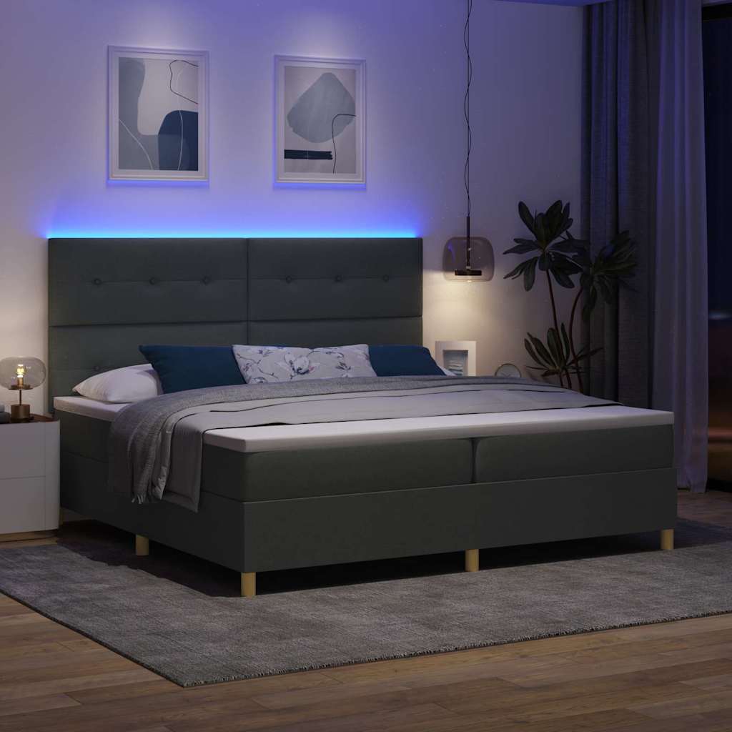 LED Box Spring Bed with Headboard Dark Gray 200 x 200 cm Fabric