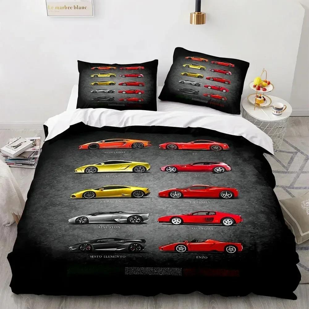 Sports Car King Queen Duvet Cover Cool Colorful Supercar Pattern Bedding Set for Men Adult Race Car 3D Polyester Quilt Cover