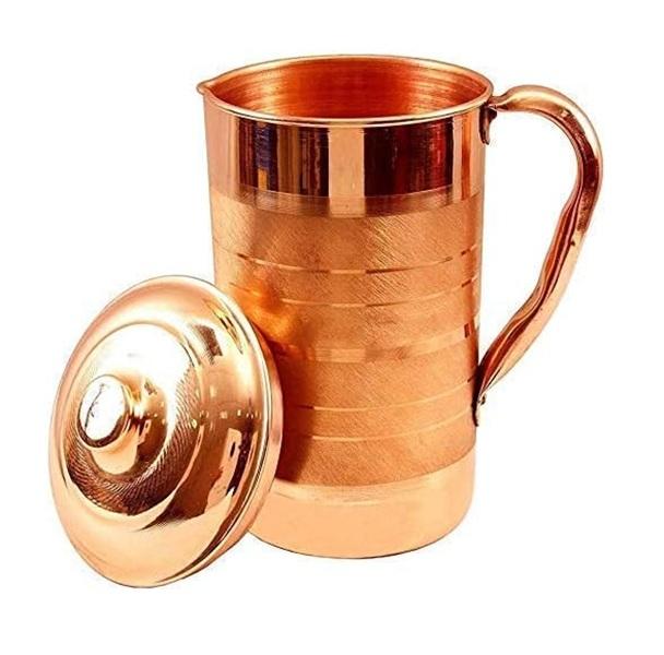 TreegoArt Pure Copper 2 Litre Water Jug Leak Proof Seam Less Silver Touch Design for Home and Kitchen - Pack of 1 2000 Ml