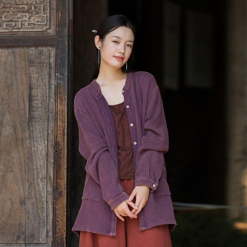 Johnature Women Vintage Shirts Solid Color Tops Autumn Button Long Sleeve O-Neck Pockets Women Shirts