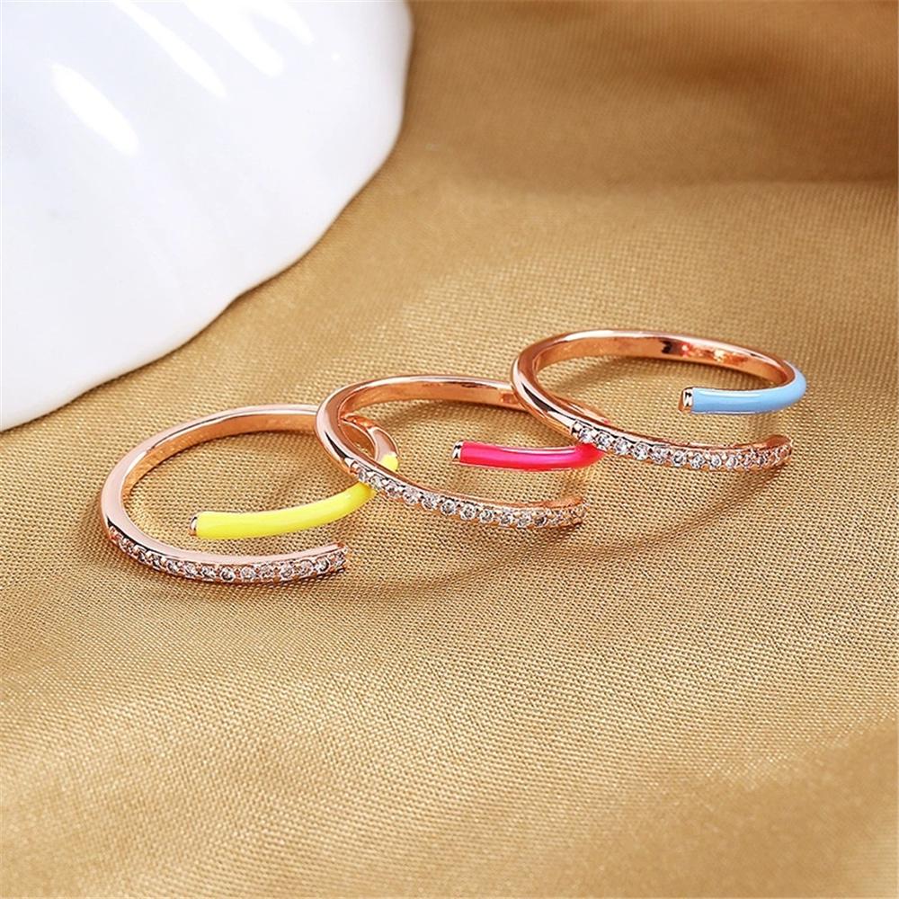 Cute Female Green Yellow Pink Enamel Rose Gold Color Wedding Rings Promise Open Adjustable Engagement For Women